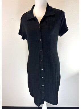 Ribbed Black Button-Down Polo Collar Short Sleeve Midi Dress Size Medium